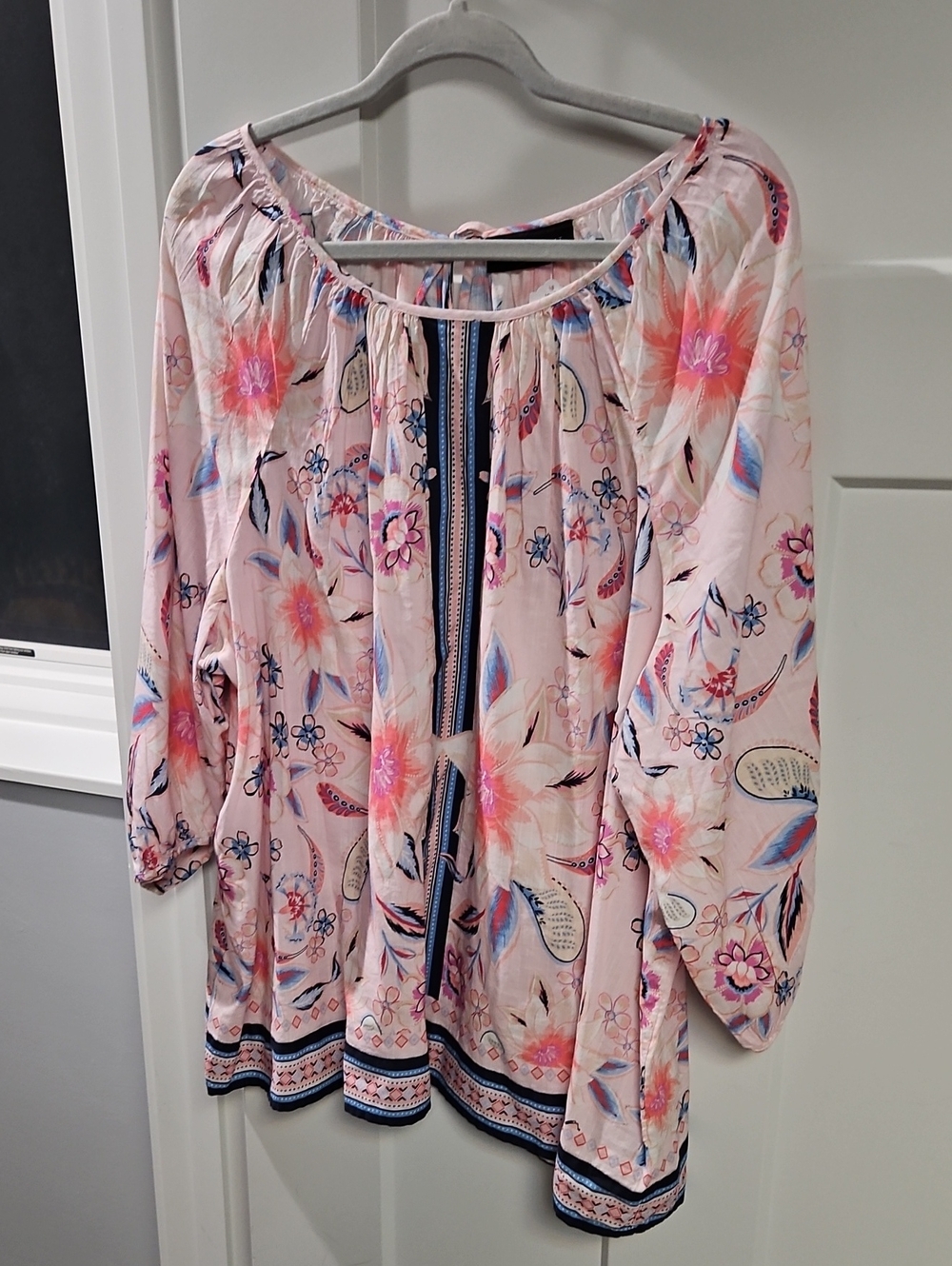 Lane Bryant Pink Floral Peasant Top with Navy Trim